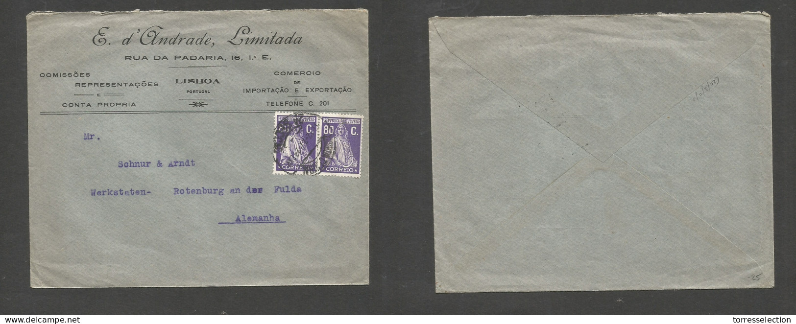 Portugal - XX. 1927 (17 Dec) Lisboa - Germany, Rotenburg. Comercial Fkd New Ceres Issue. 80c Lilac Horiz Pair, Tied Cds. - Autres & Non Classés