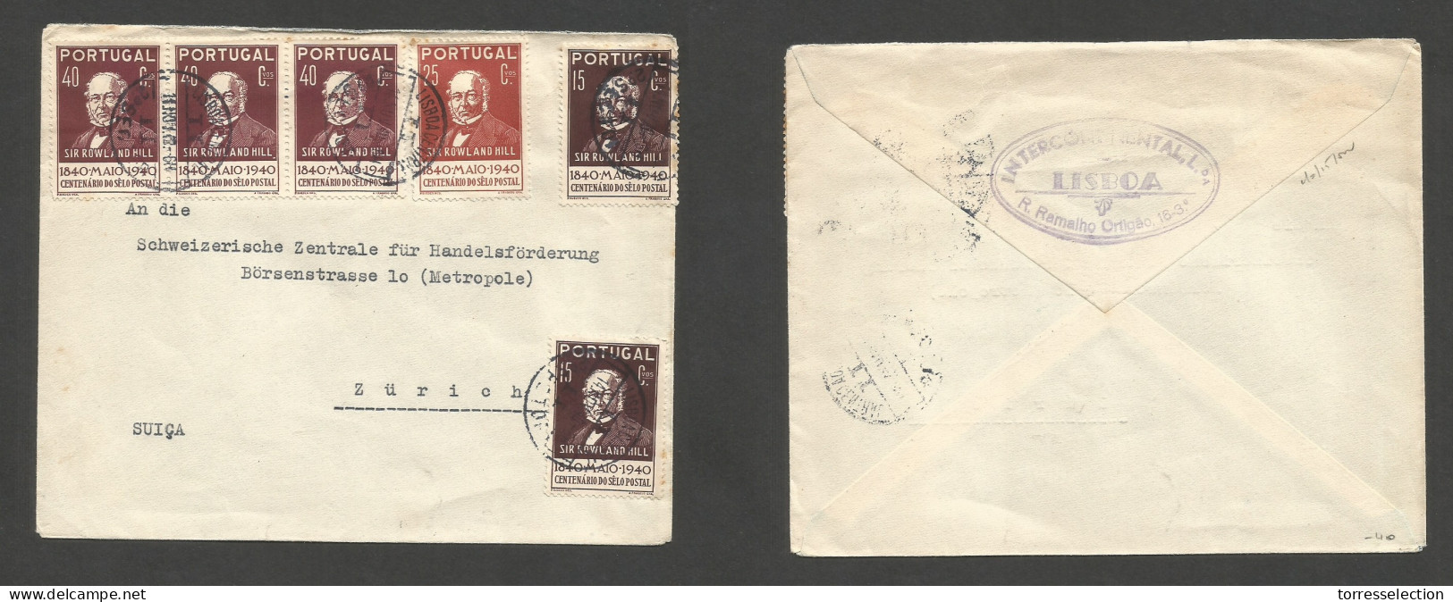 Portugal - XX. 1940 (11 Nov) Lisboa - Switzerland, Zurich. Rowland Hill Centenary Multifkd Env At 1,75 Esc Rate, Tied Cd - Other & Unclassified