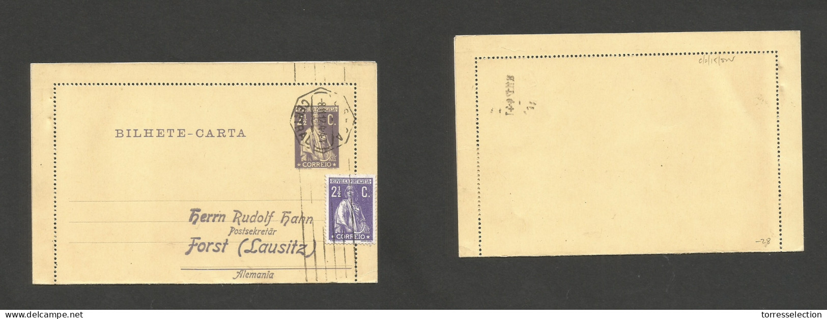 PORTUGAL - Stationery. 1912 (8 Nov) Lisboa - Germany, Forst. 2 1/2 C Lilac Ceres Stationary Lettersheet + Adtl, At 5c Ra - Otros & Sin Clasificación