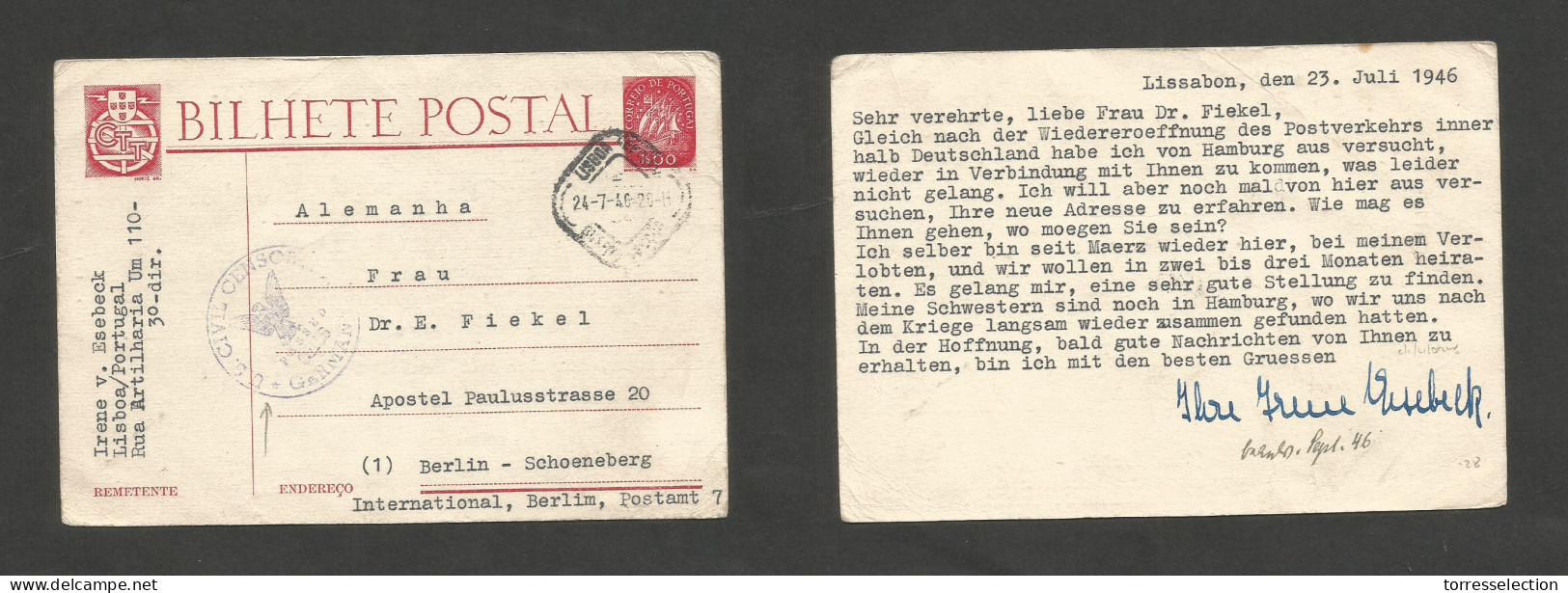 PORTUGAL - Stationery. 1946 (24 July) Lisbon - Germany, Berlin, Schoeneber. 1 Esc Red CTT Caravela Stat Card. US Civil A - Sonstige & Ohne Zuordnung