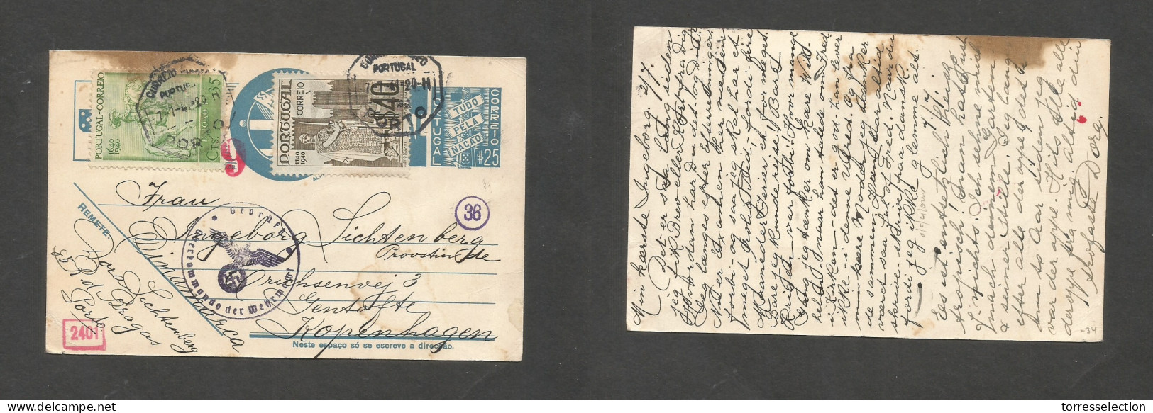 PORTUGAL - Stationery. 1941 (7 July) Porto - Denmark, Cph. 25 Rs Blue Tudo Pelo Naçao Stat Card + 2 Comm Adtls Tied Cd + - Sonstige & Ohne Zuordnung