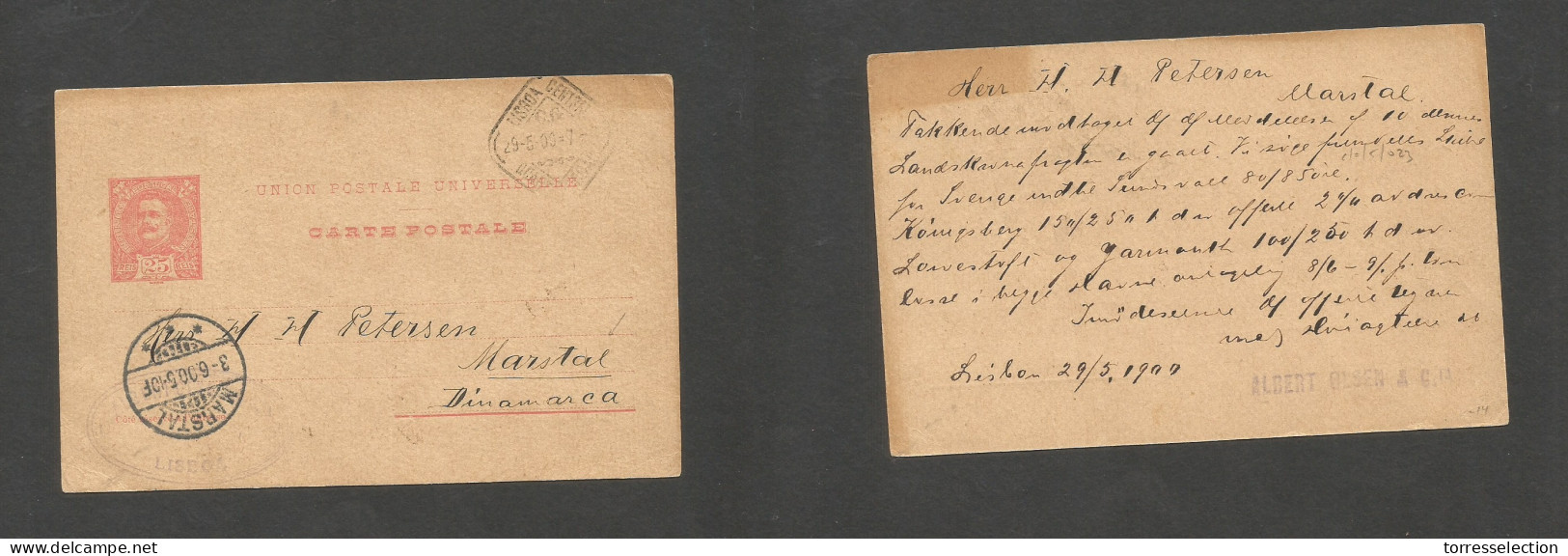 PORTUGAL - Stationery. 1900 (29 May) Lisboa - Marstal, Denmark (3 June) 25 Rs Red Stat Card. VF Used. SALE. - Otros & Sin Clasificación