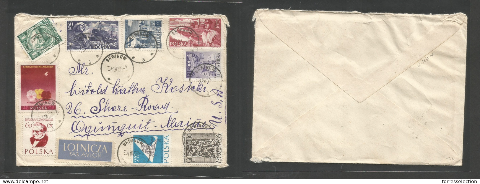 POLAND. 1958 (1 March) Brwinow - USA, Me, Oginquit. Air Multifkd Mixed Issues Env. VF. SALE. - Andere & Zonder Classificatie