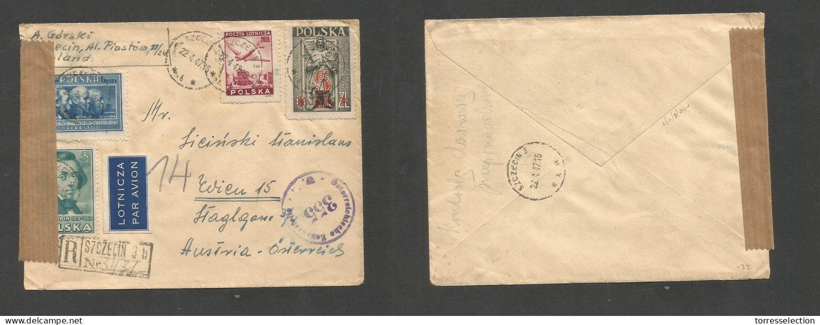 POLAND. 1947 (22 Apr) Szazecin - Wien, Austria. Registered Air Dual Censored Multifkd + Ovptd Envelope. Nice Condition I - Other & Unclassified