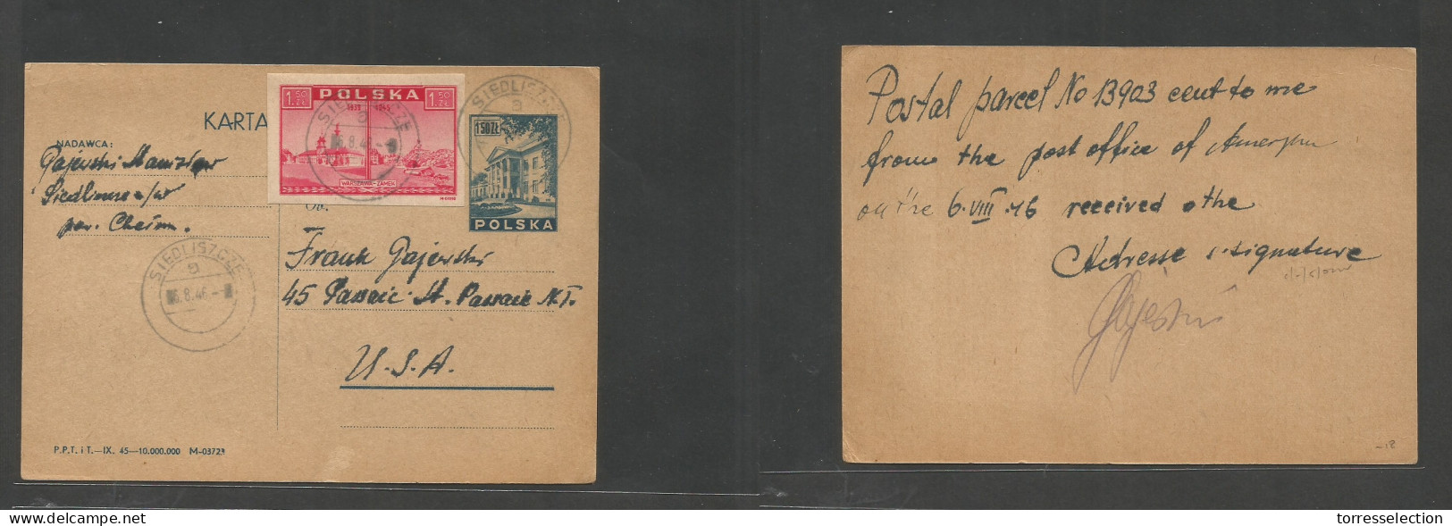 POLAND. 1946 (6 Aug) Siedliszqse - USA, Passair, NJ. 1,50 Slt Blue Stat Card + Adtl, Bluish Cds Imperf. Fine Used. SALE. - Other & Unclassified