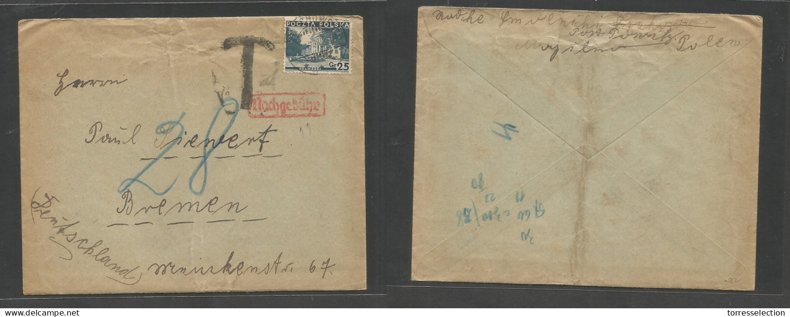 POLAND. 1938 (July) Orchowo - Bremen, Germany. Fkd 25gr Env With Contains Taxed + Arrival "T". Red Charge + 28. Scarce.  - Other & Unclassified