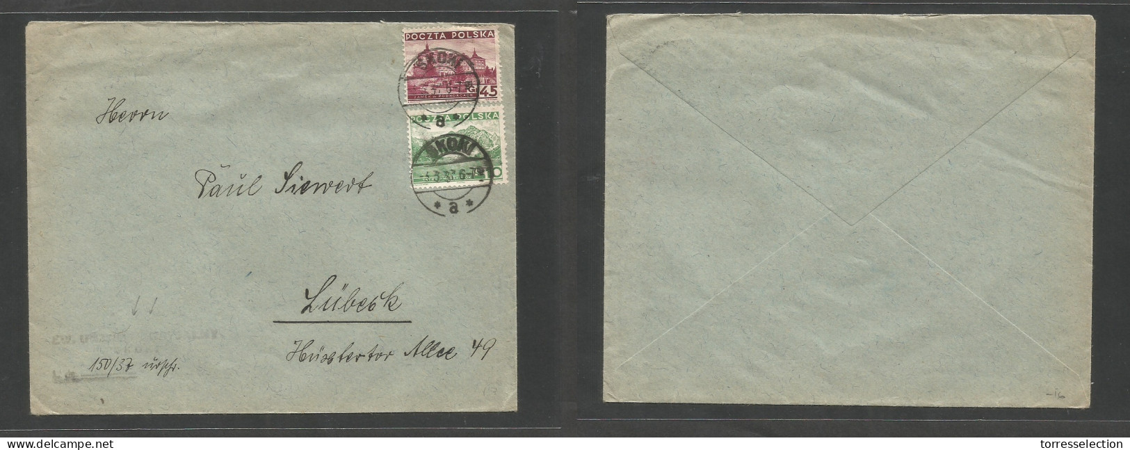 POLAND. 1937 (3 March) Skoki - Lubeck, Germany. Control (censor?) Cachet. Multifkd Env At 55 Mk Rate, Cds. Nice. SALE. - Other & Unclassified