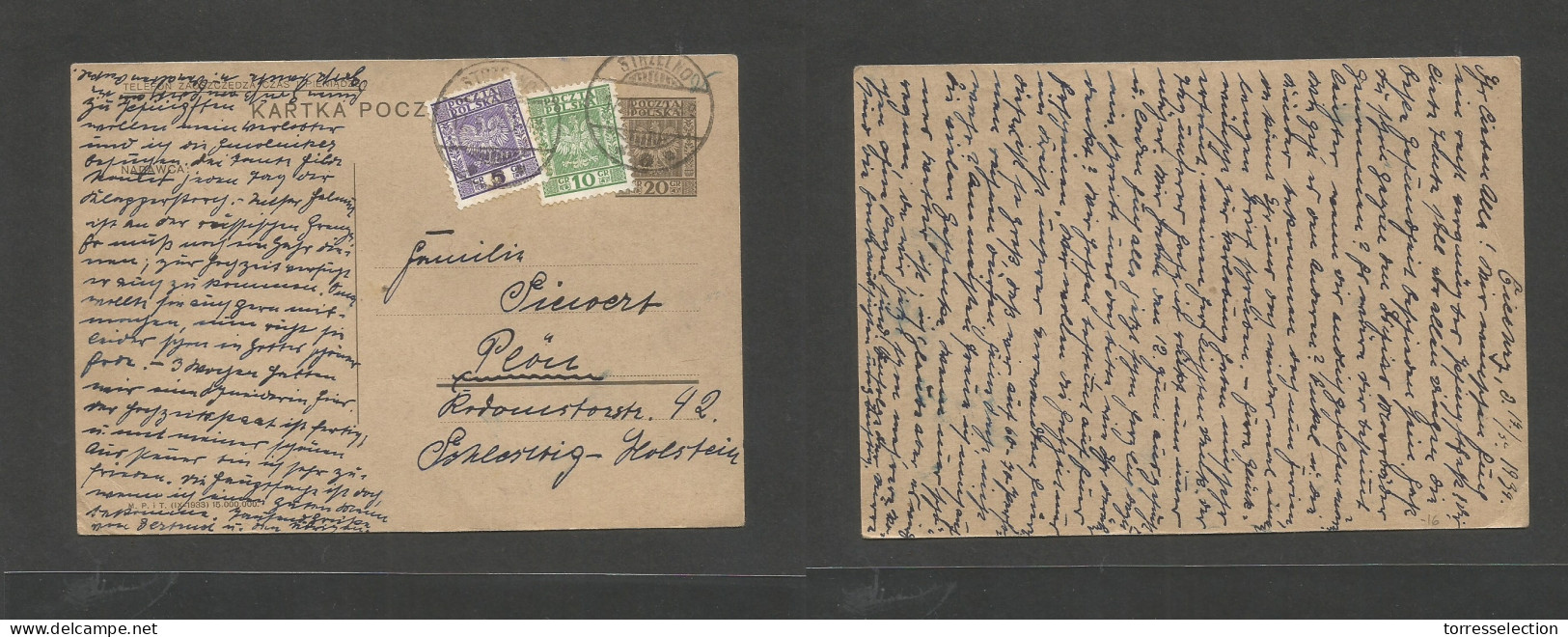 POLAND. 1939 (17 May) Ciernzy, Strzelno - Plou, Schlewig Holstein, Germany, 20 Gr Grey Green Stat Card + 2 Adtls, Cds. F - Altri & Non Classificati