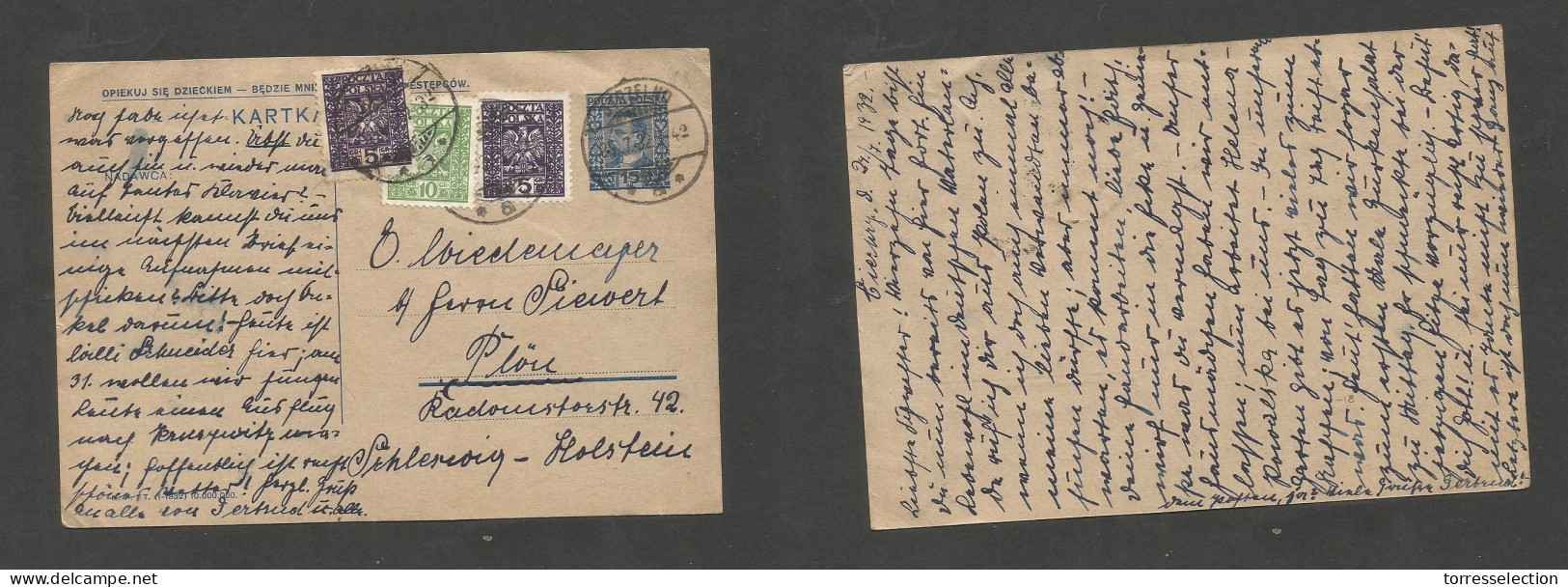 POLAND. 1932 (24-25 July) Ciernay - Plon, Schlewig Holstein, Germany. 15gr Blue Stat Card + 3 Adtls, Cds. Fine. SALE. - Otros & Sin Clasificación