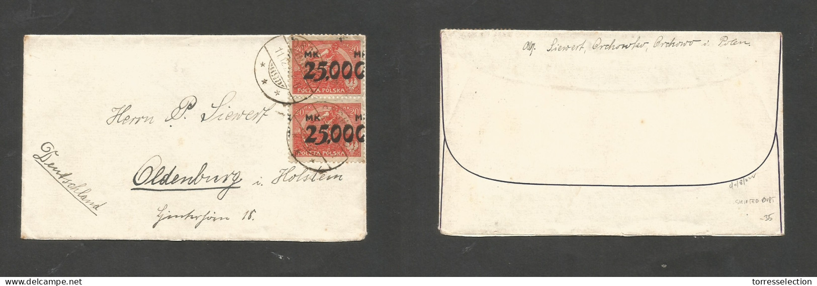 POLAND. 1928 (11 Dec) Orchwo - Oldenburg, Holstein, Germany. Multifkd Envelope 25000 Mk Red Ovptd Neat Pair, SHIFTED Ove - Autres & Non Classés