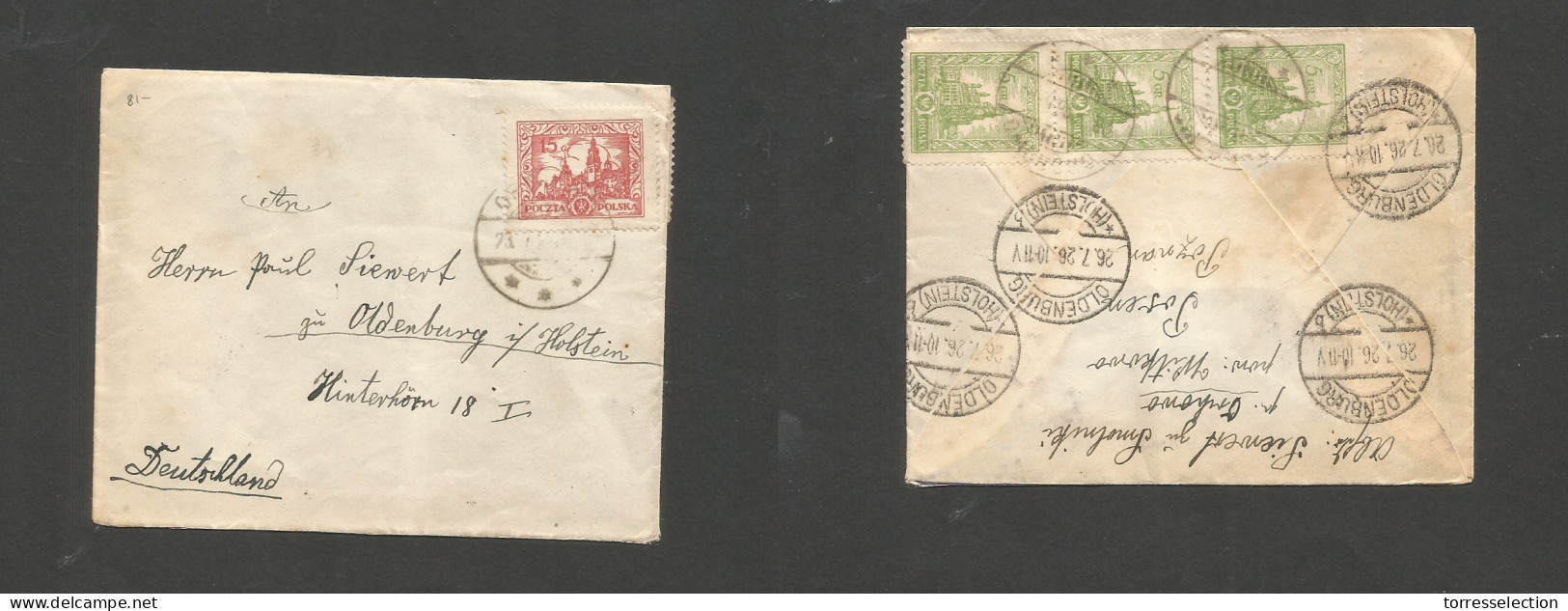 POLAND. 1926 (23 July) Orchowo - Oldenburg, Holstein, Germany (26 July) Multifkd Front And Reverse Envelope, Tied Cds +  - Altri & Non Classificati