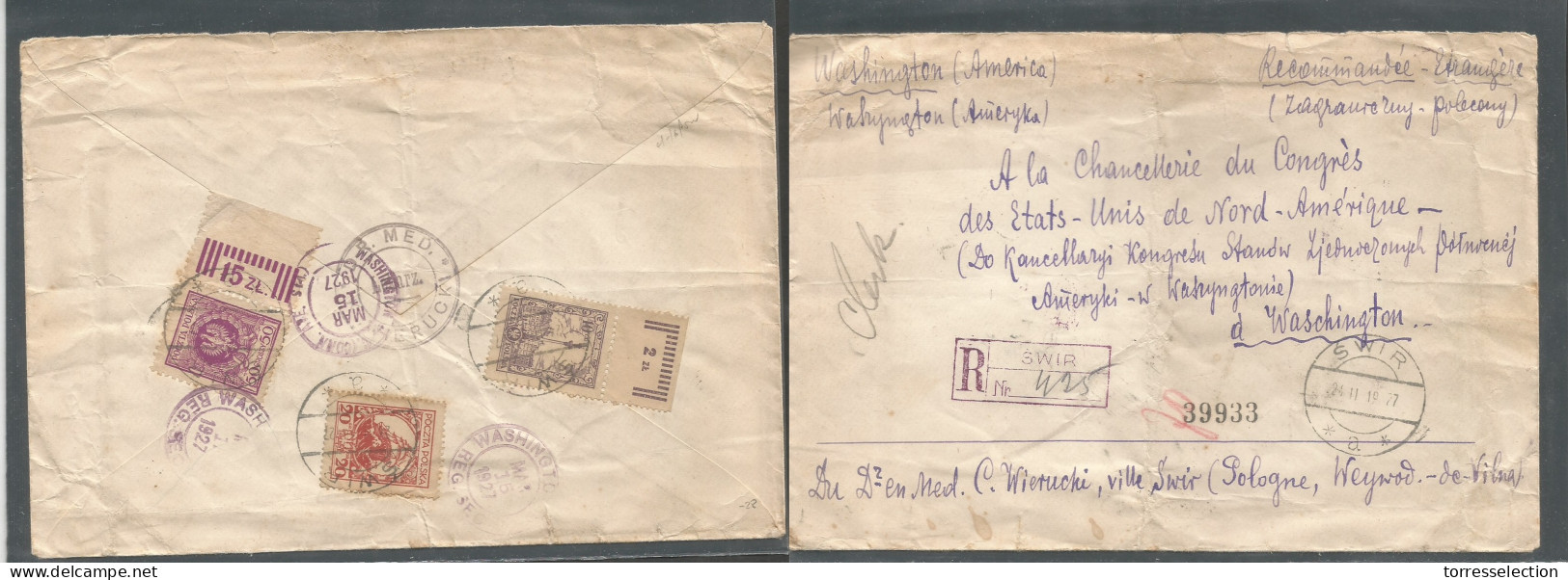 POLAND. 1927 (24 Febr) Siwrs, Weywod De Vilna - USA, Washington (15 March) Registered Reverse Multifkd Env. SALE. - Other & Unclassified