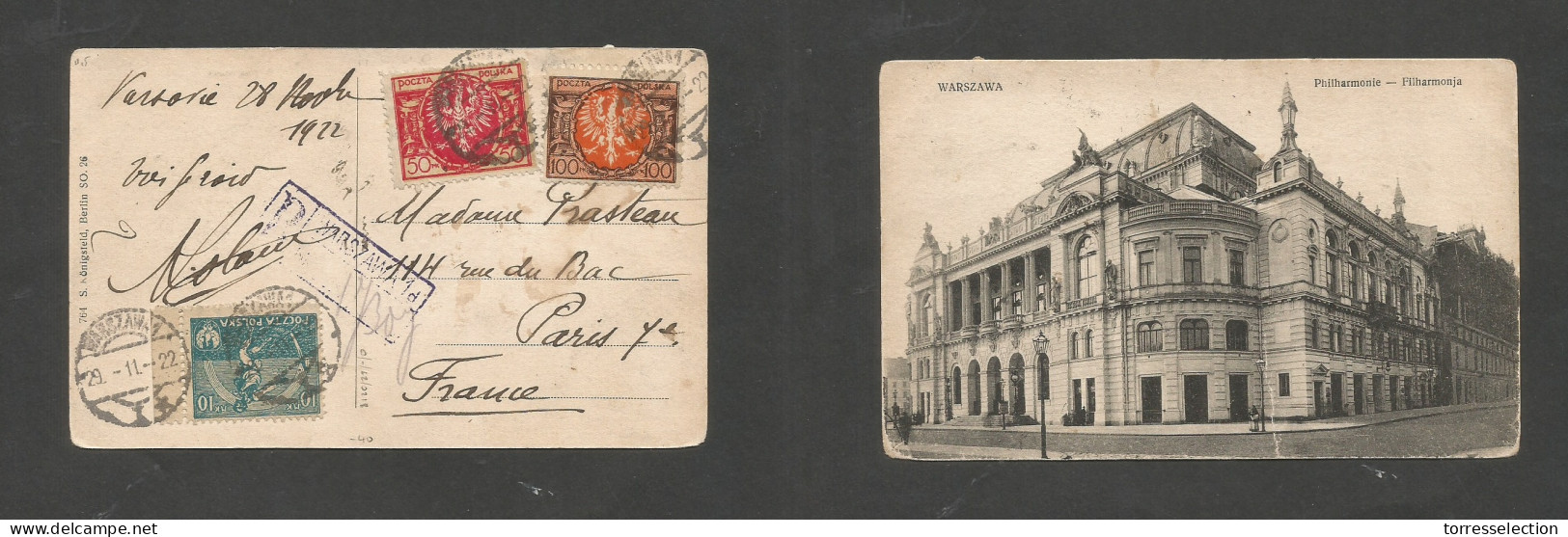 POLAND. 1922 (29 Nov) Warsaw - France, Paris. Registered Multifkd Postcard At 160m Rate, Cds + R-cachet. SALE. - Altri & Non Classificati