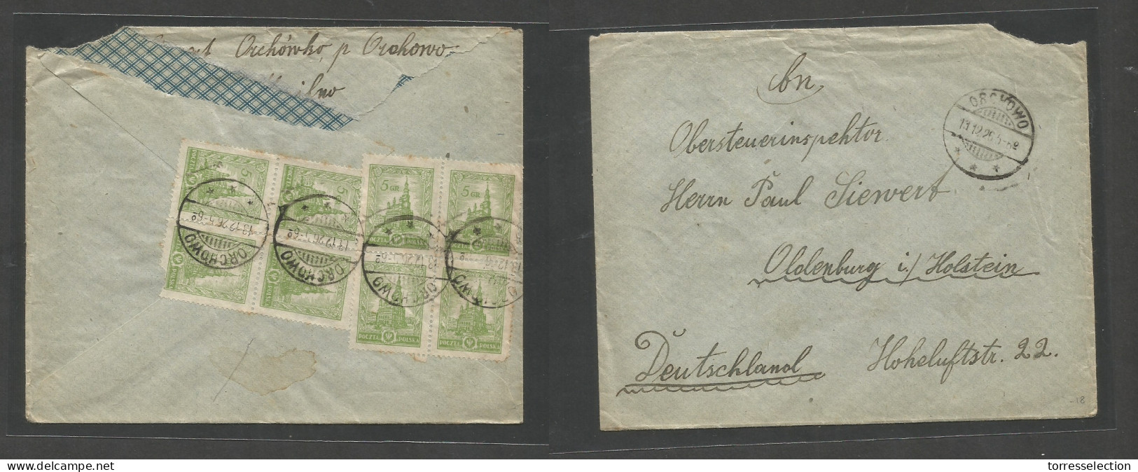 POLAND. 1926 (13 Dec) Orchowo - Oldenburg, Holstein, Germany. Reverse Multifkd Env, Two Blocks Of Four, Cds. SALE. - Andere & Zonder Classificatie