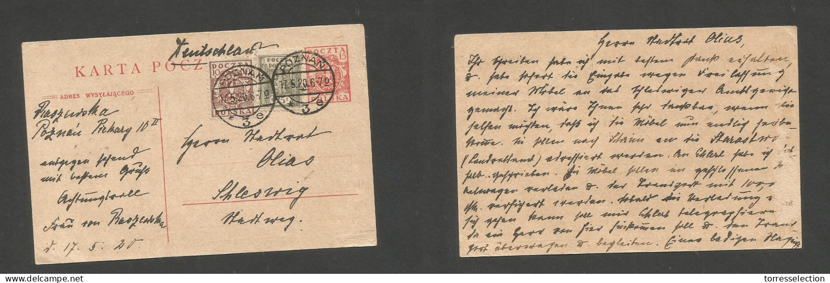 POLAND. 1920 (17 May) Poznan - Olias, Schlewig 15gr Red Stat Card + 2 Adtls, Cds. Fine. SALE. - Andere & Zonder Classificatie