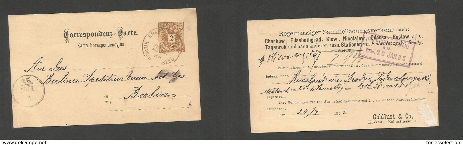 POLAND. 1885 (24 Jan) Austrian PO Krakow - Berlin, Germany (26 Jan) 2 Kr Brown Stat Card, Bilingual Cds. Fine. Reverse P - Otros & Sin Clasificación