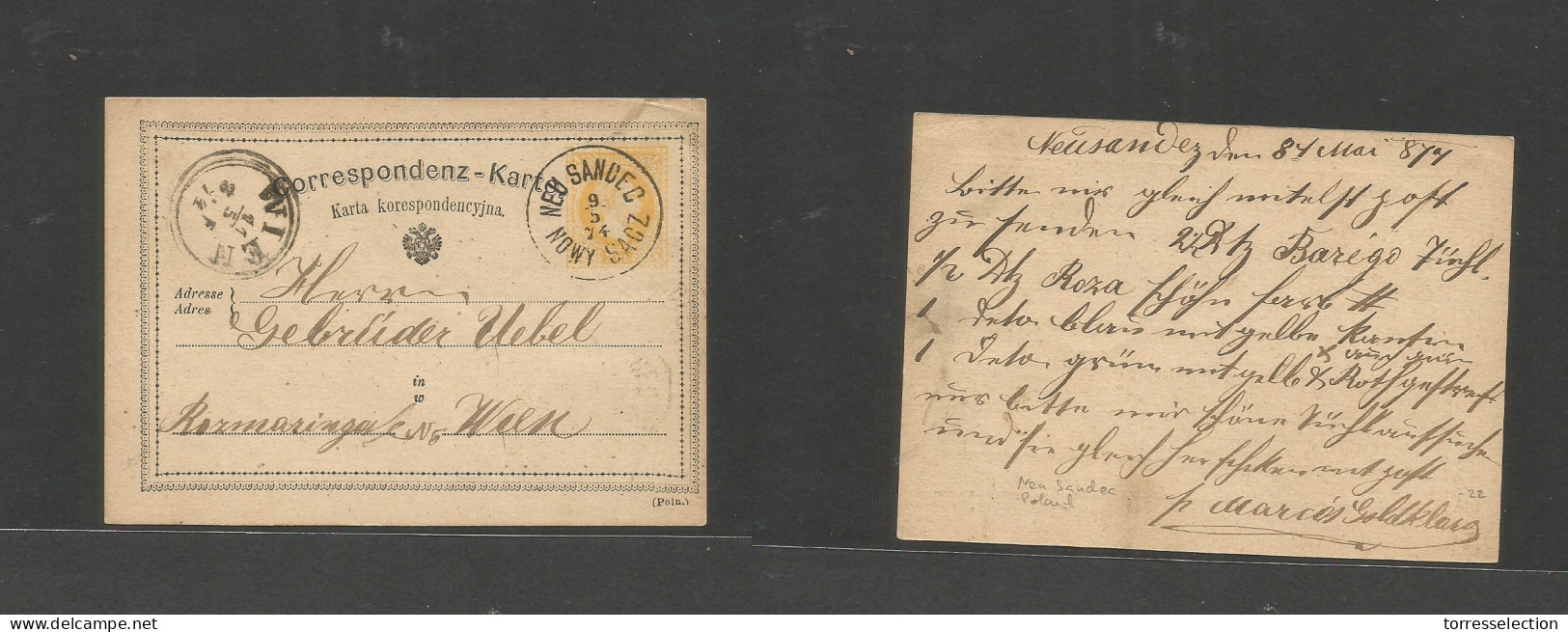POLAND. 1874 (9 May) Austrian PO. New Sandec - Wien (11 May) Early 2kr Yellow Stat Card, Polish Text, Cancelled Bilingua - Sonstige & Ohne Zuordnung