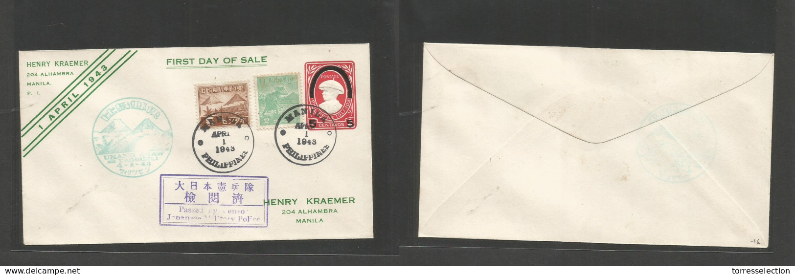 PHILIPPINES. 1943 (April 1) Japanese Occup. Ovptd Stat Card + Censorship + Cachet. Multifkd Env. SALE. - Philippines