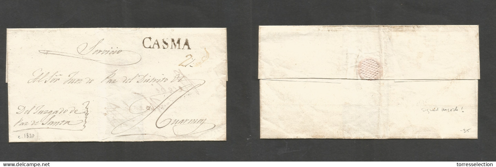 PERU. C. 1820. Casma - Huarmen E Official Mail / Servicio / Juzgado De Paz De Santa. Sobre Ink Pmk "CASMA" + "2rs". Reve - Perú