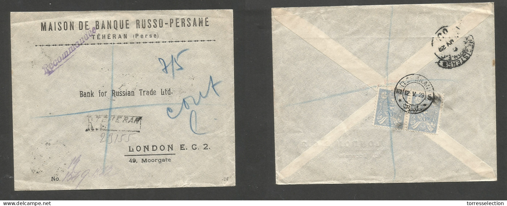 PERSIA. 1929 (12 May) Teheran - London, UK (29 May) Registered Reverse Multifkd Comercial Envelope + R-cachet. SALE. - Iran