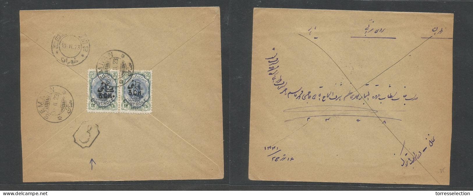 PERSIA. 1923 (3 Feb) Semnan - Teheran (10 Feb) "Controle" Issue New Orleans Bilingual Ovptd 3ch Pair, Tied Cds + Extra C - Irán