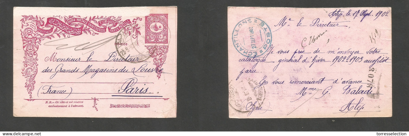 PERSIA. 1902 (17 Sept) Turkish PO Alep - France, Paris (27 Sept) 20 Para Red / Pink Stat Card Bilingual Cachet. SALE. - Irán