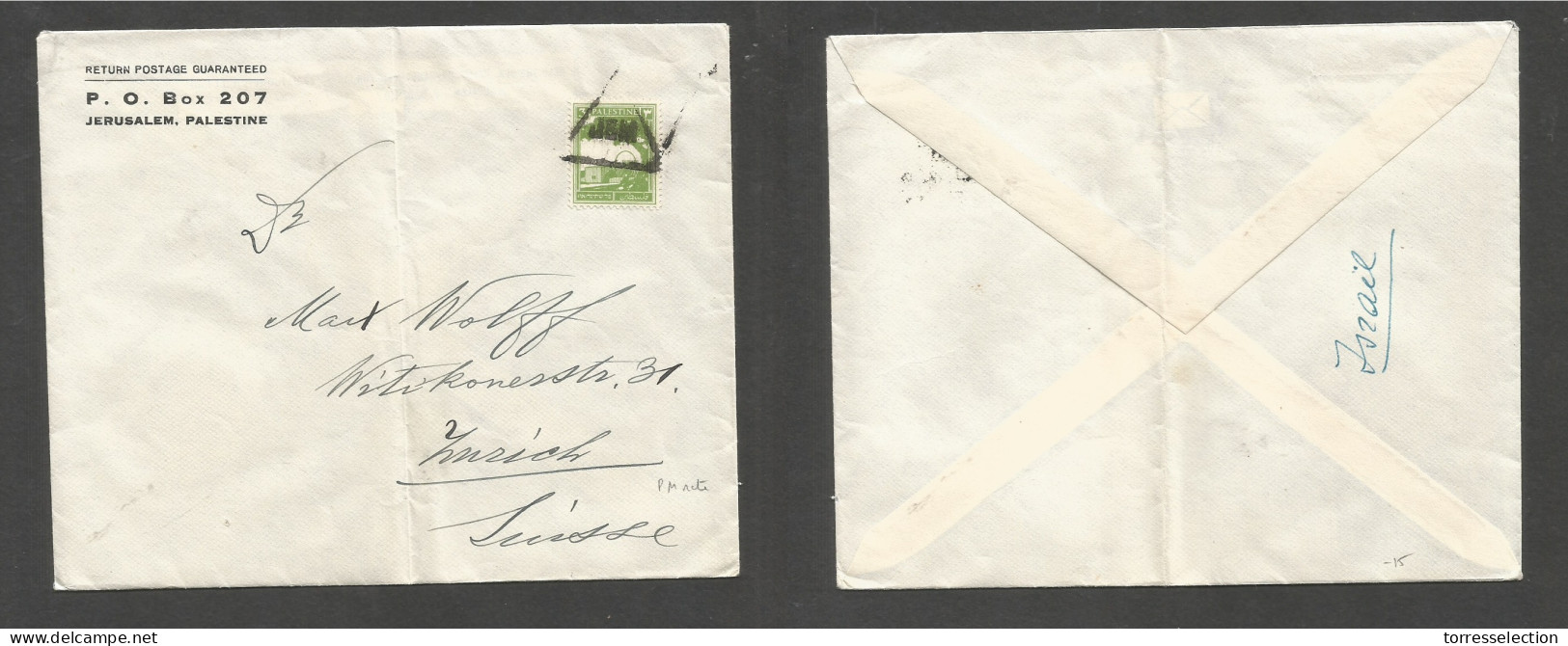 PALESTINE. C. 1938. Jerusalem - Switzerland, Zurich. Unsealed Pm Rate 3p Green Fkd Comercial Envelope, Triangle Cancelle - Palestine