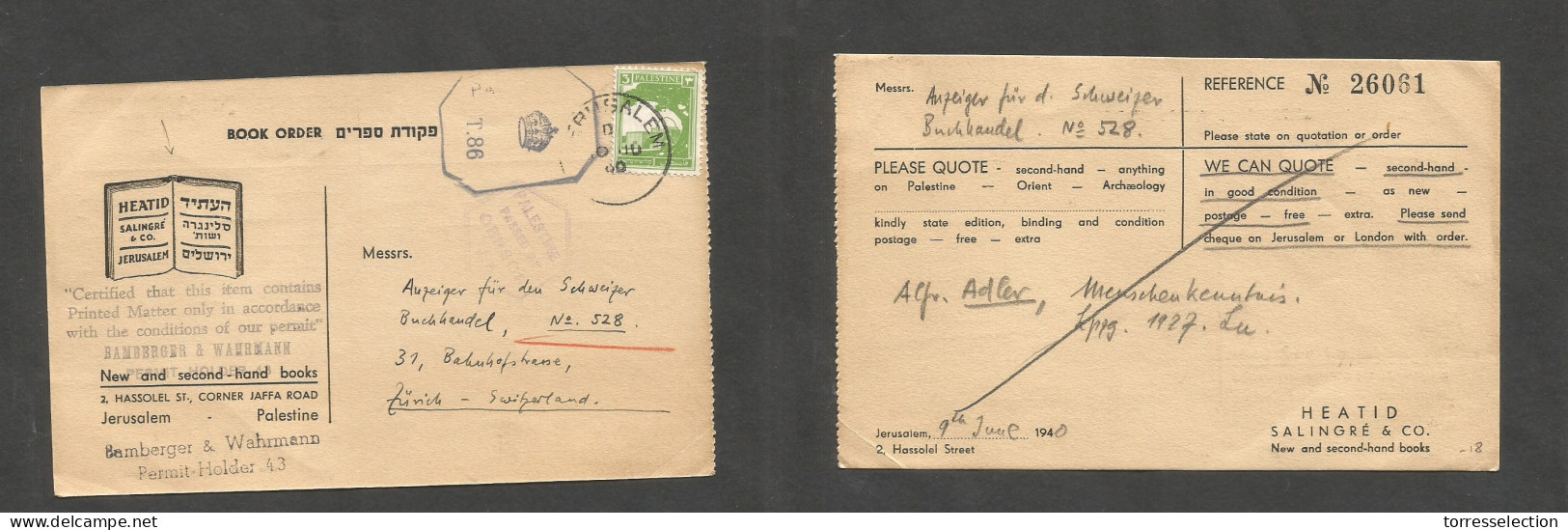 PALESTINE. 1940 (9 June) Jerusalem - Switzerland, Zurich. Bilingual Books Order Fkd WWII Doble Censored Fkd 3p Green Pri - Palestina