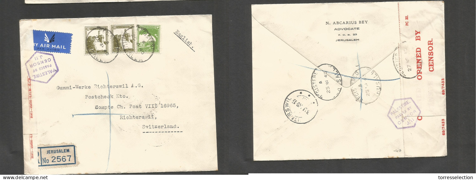 PALESTINE. 1940 (25 March) Jerusalem - Switzerland, Richterswit (30 March) Air Registered Censored Multifkd Env. Reverse - Palästina