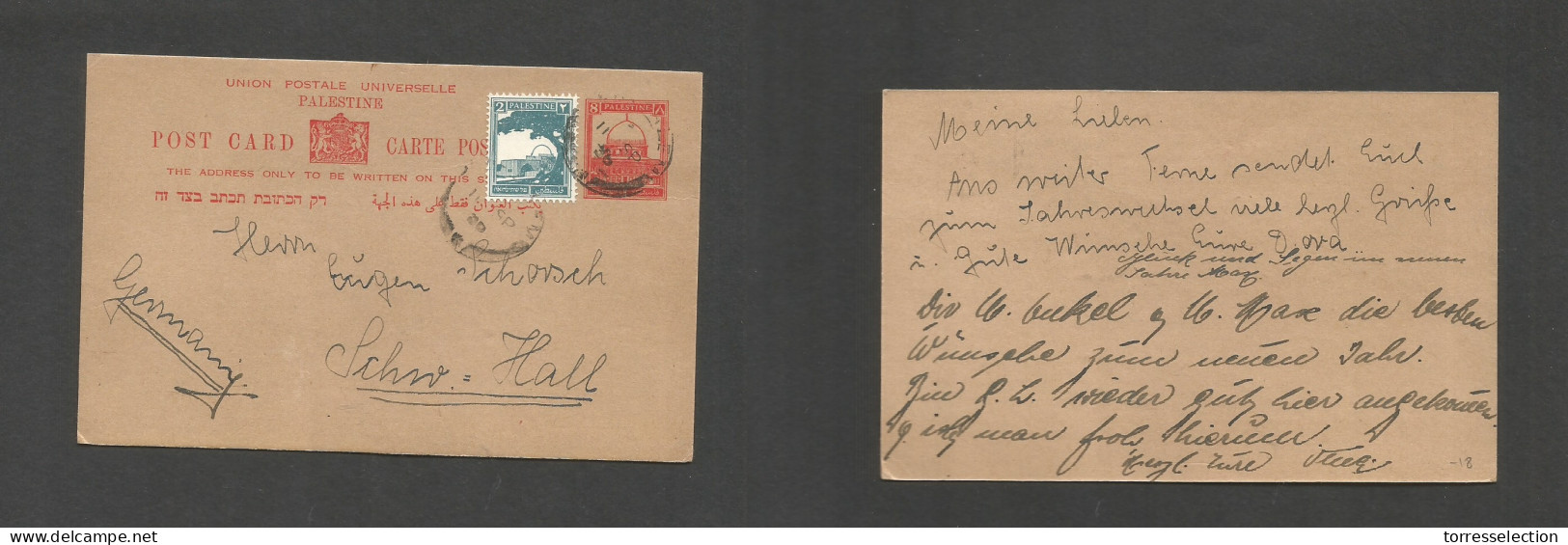 PALESTINE. 1940 (11 Sept) Jerusalem - Germany, Schw Hall. 8p Red Stat Card + Adtl, Cds. SALE. - Palestina