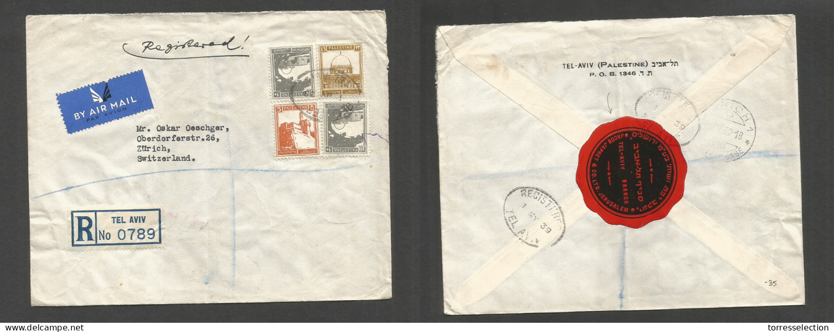 PALESTINE. 1939 (1 May) Tel Aviv - Switzerland, Zurich. Registered Air Multifkd Env. Reverse Transited + Airmail + Tied  - Palestine
