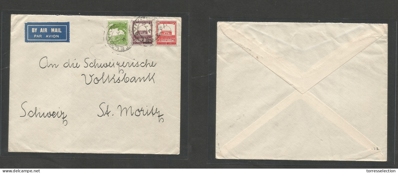 PALESTINE. 1935 (3 Febr) Tel Aviv - Switzerland, St. Moritz. Air Multifkd Tricolor Envelope, Tied Cds. VF Usage. SALE. - Palestine
