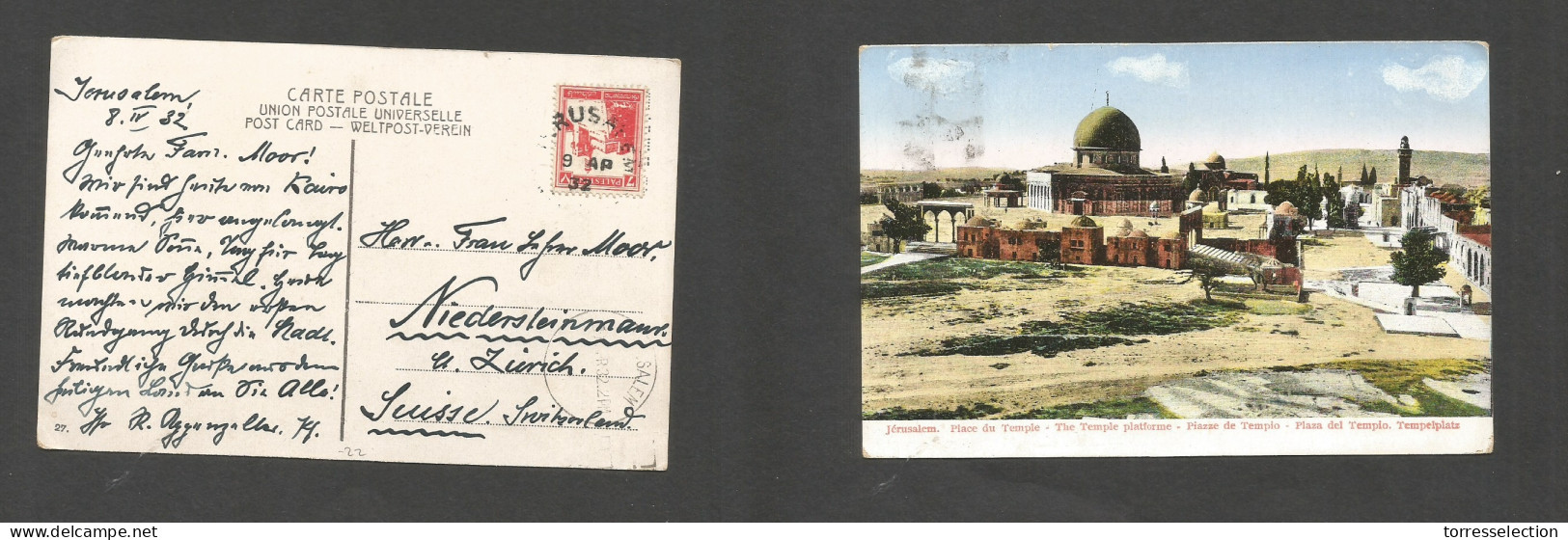 PALESTINE. 1932 (8 Apr) Jerusalem - Switzerland, Niedersleinmans Via Salem. Fkd Ppc. Fine. SALE. - Palestina
