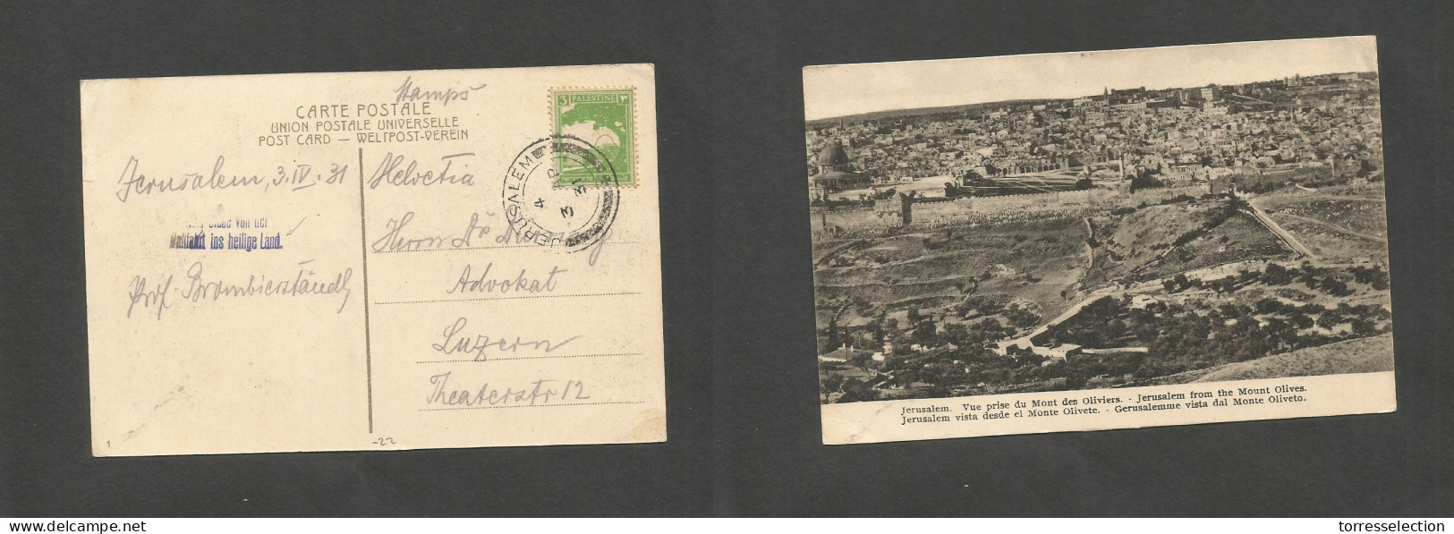 PALESTINE. 1931 (3 Apr) Jerusalem - Switzerland, Luzern. Fkd Ppc. SALE. - Palestine