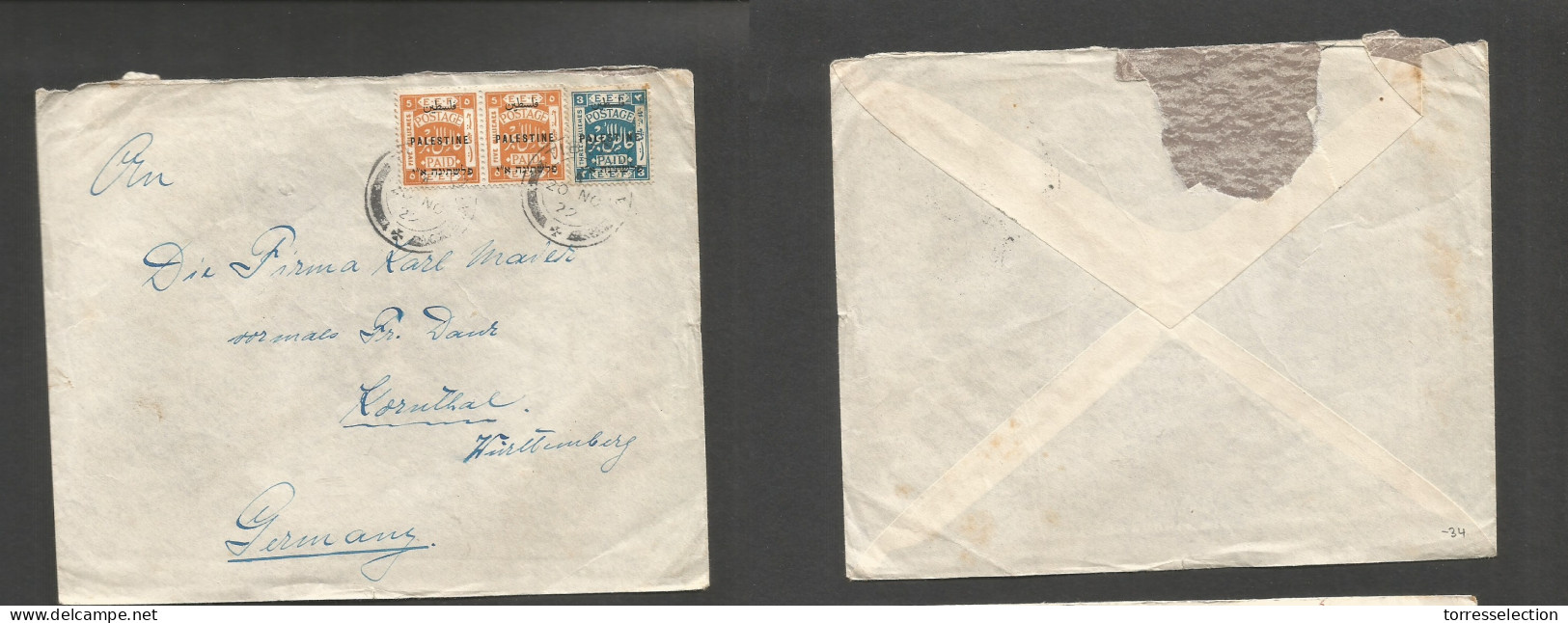 PALESTINE. 1922 (20 Nov) Tiberiades - Germany, Koruthal, Wuttemburg. Ovptd Multifkd Env Cds. Fine. SALE. - Palestine