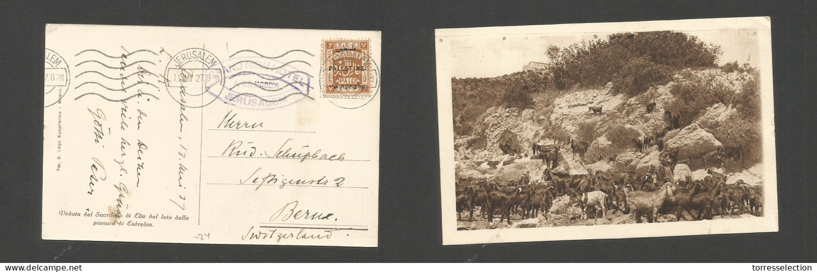 PALESTINE. 1927 (13 May) Jerusalem - Switzerland, Bern. Fkd Ppc. Gorts At Esbrelon. Ovptd Issue Rolling Cachet. SALE. - Palestine