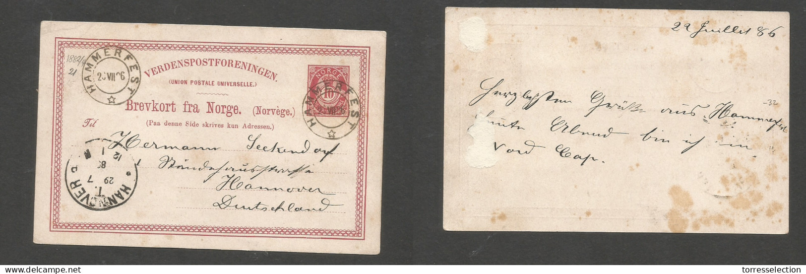 NORWAY. 1886 (22 July) Hammerfest - Germany, Hannover (29 July) 10 Ore Red Stat Card. Fine Used. Early Item. SALE. - Other & Unclassified