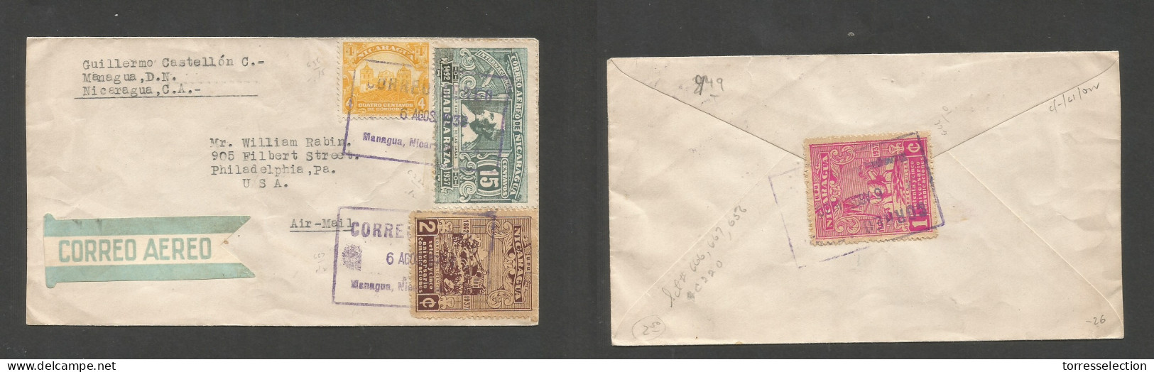 NICARAGUA. 1938 (6 Aug) Managua - USA, Philadelphia, PA. Air Multifkd Front And Reverse Comm Issue Envelope. SALE. - Nicaragua