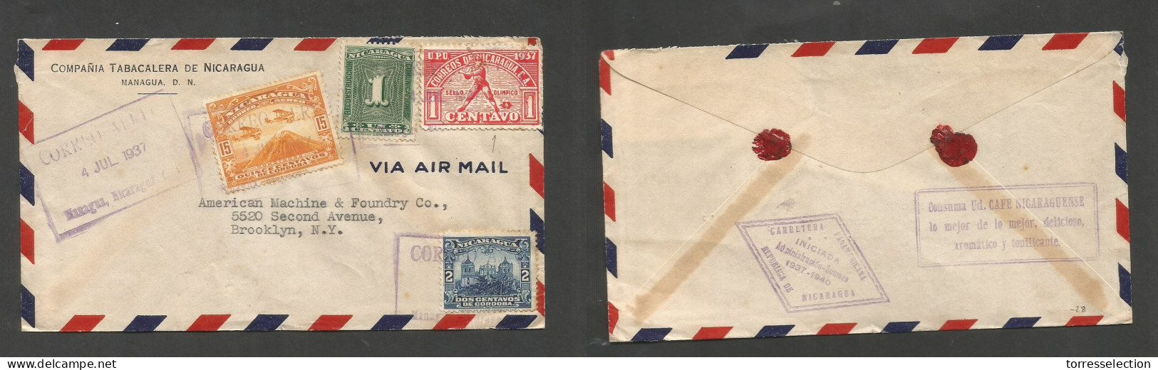 NICARAGUA. 1937 (4 July) Managua - USA, Brooklyn. Air Multifkd Env, Mixed Issues At 19c Rate Reverse Two Advert Cachets. - Nicaragua