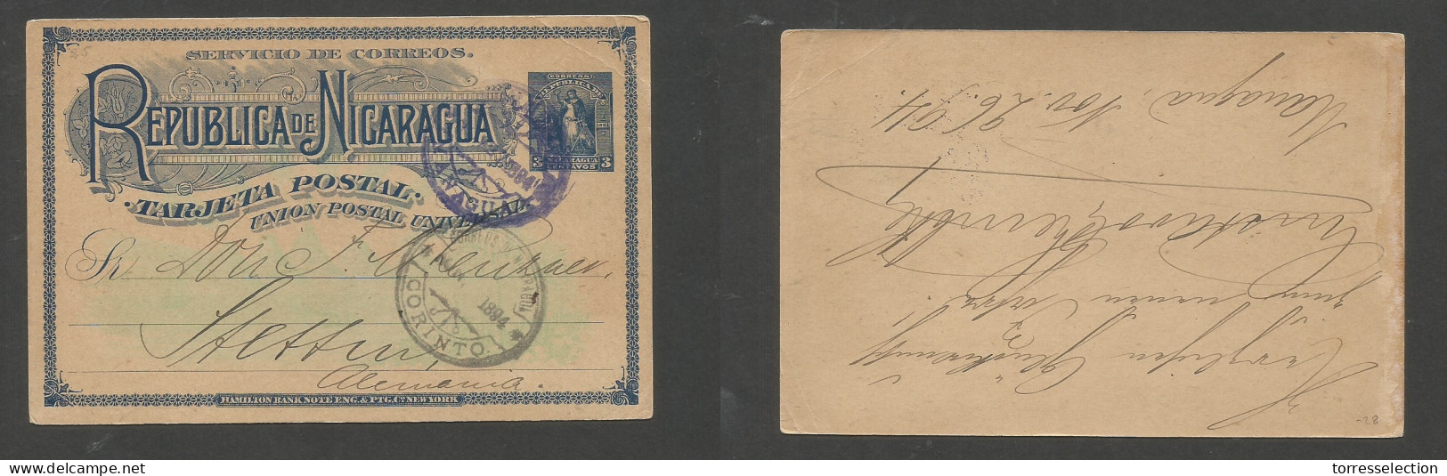 NICARAGUA. 1894 (26 Nov) Managua - Alemania, Stettin. Via Corinto 3c Blue Illustrated Stat Card. Scarce Used And Fine. S - Nicaragua