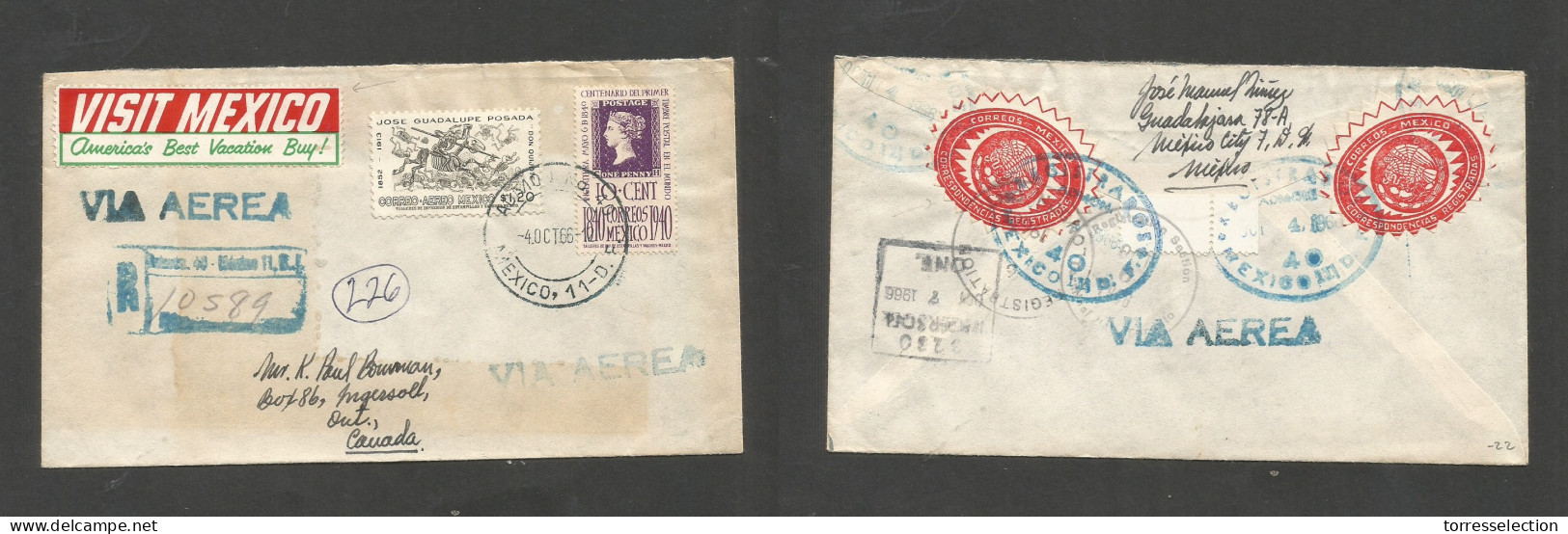 Mexico - XX. 1966 (4 Oct) DF 11 - Canada, Ingersoll, ONT (7 Oct) Registered Multifkd Incl Centenary Issue + R-cachet + C - Mexiko