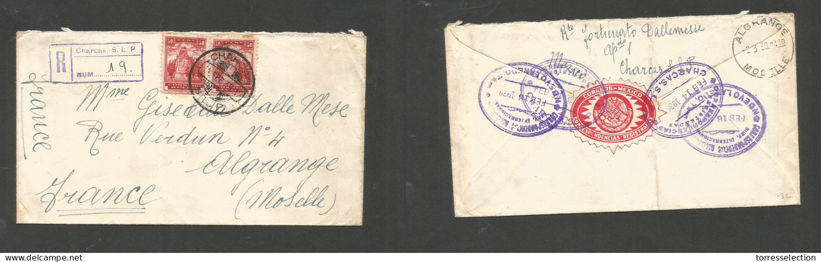 Mexico - XX. 1939 (14 Febr) Charcas, SLP - France, Algrange, Moselle (2 March 30) Registered Multifkd 1 Peso Rate Envelo - Mexico
