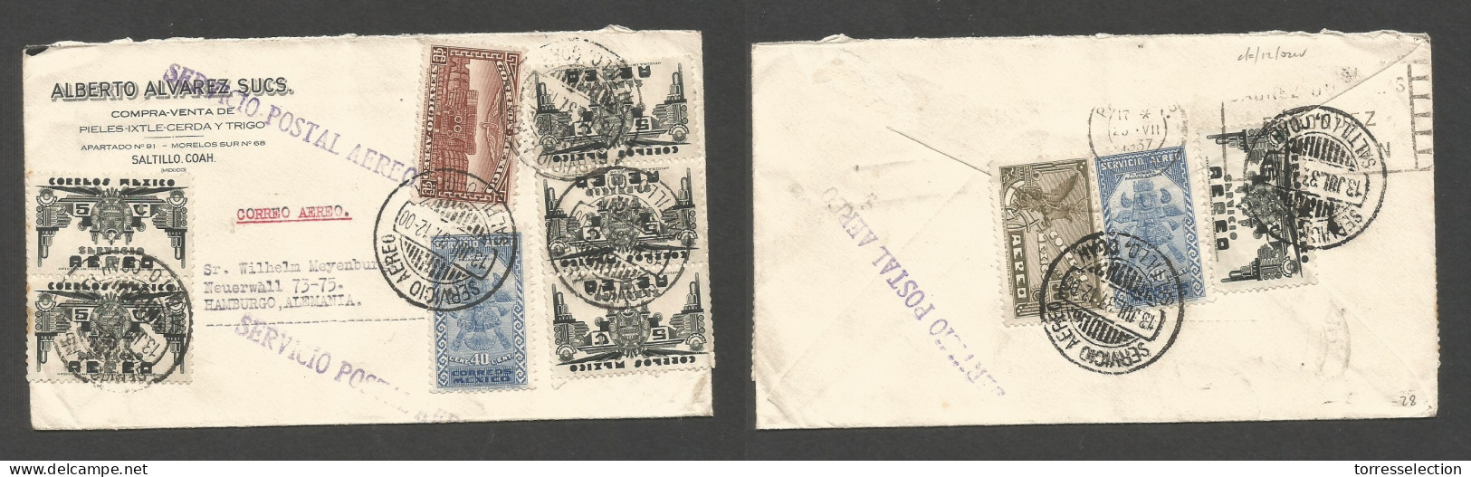 Mexico - XX. 1937 (13 July) Saltillo, Coah - Germany, Hamburg. Air Front And Reverse Multifkd Env, Special Cachets At 1, - Mexique