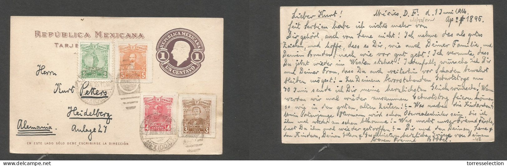 MEXICO - Stationery. 1916 (1-2 June) DF - Germany, Heidelberg 1c Lilac + 4 Diff Adtl, Stat Card, Cds Grill. Fine. Some S - Mexico