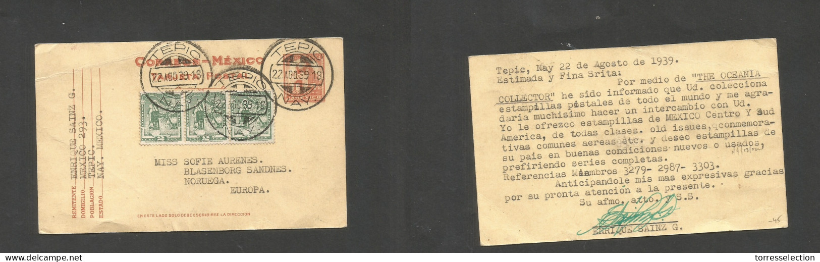 MEXICO - Stationery. 1939 (22 Aug) Tepic, Nay - Norway, Blasenborg. 4c Red Stat Card + 3 Adtls, At 10c Rate, Tied Cds. X - Mexico