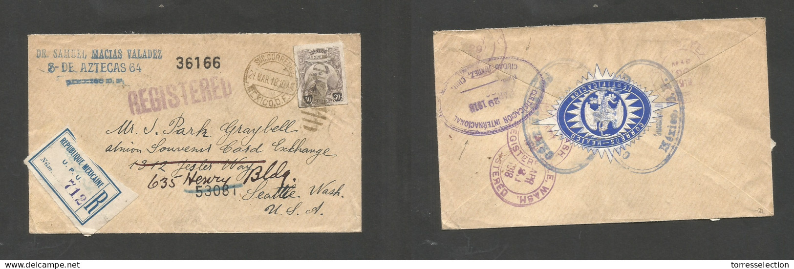 Mexico - XX. 1918 (21 March) DF - USA, Seattle, Wash (2 Apr) Registered Single 30c Lilac Fkd Comercial Envelope, R-label - Mexique