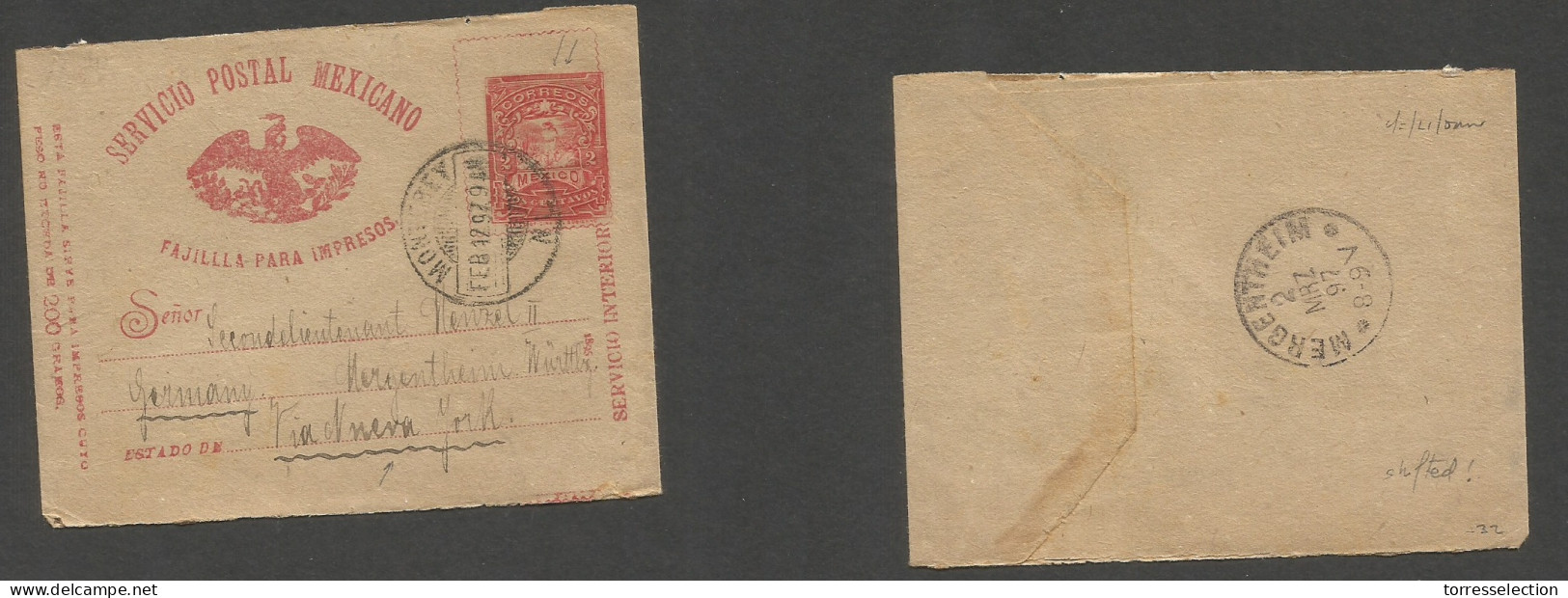 MEXICO - Stationery. 1897 (12 Febr) Monterrey - Germany, Mergentheim (2 March) Via NY. Shifted 2c Red Military Issue Com - México