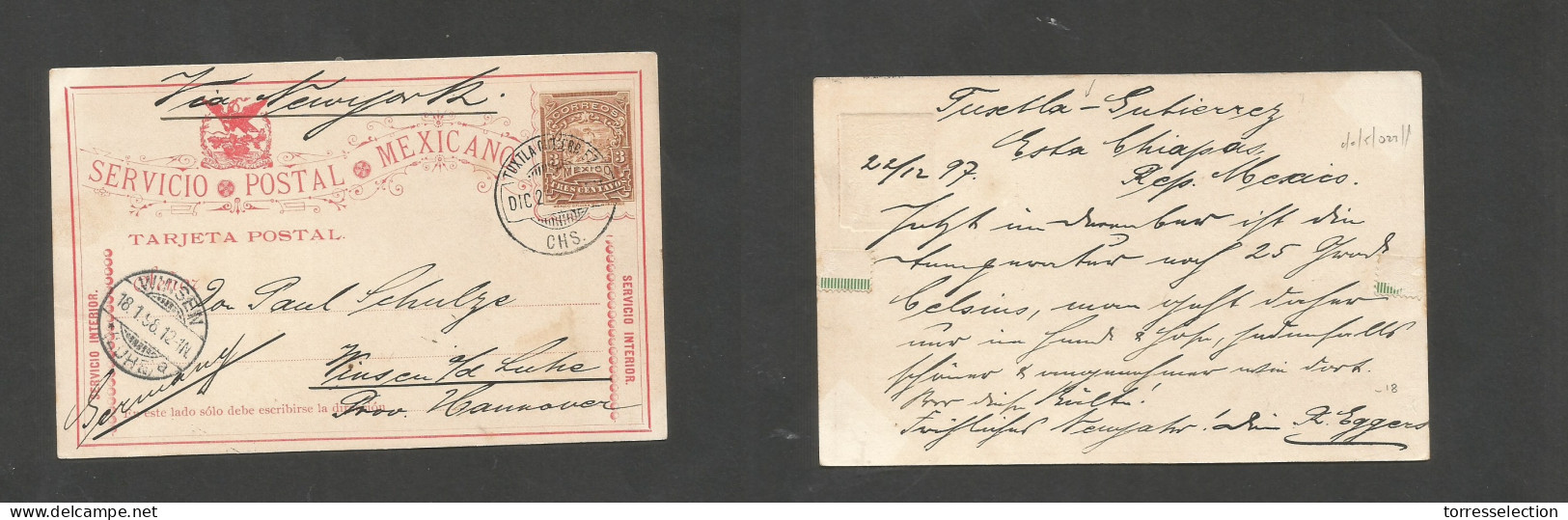 MEXICO - Stationery. 1897 (21 Dec) Tuxla Guerrero - Germany, Winsen (18 Jan 98) 3c Brown Militar Issue Stat Card. SPM. F - Mexico