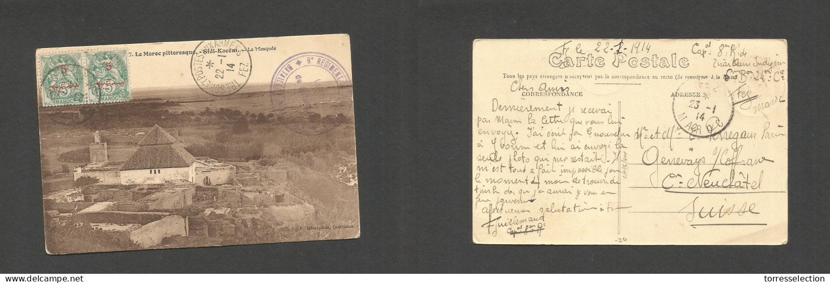 MARRUECOS - French. 1914 (22 Jan) Fez - Switzerland, Nenchatel. Military Fkd Ovptd Issue Card + Battalion Cachet. Fine.  - Marocco (1956-...)