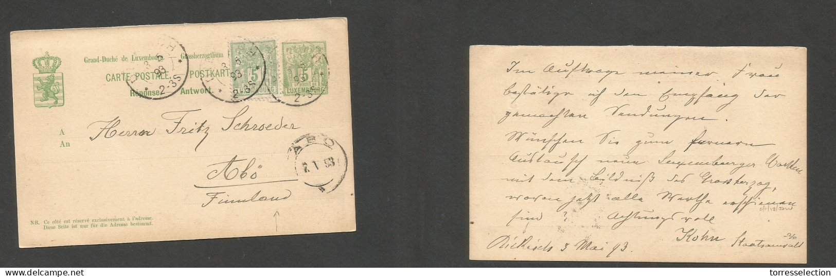 LUXEMBOURG. 1893 (3 May) Diekisch - Abo, FINLAND (7 May) 5c Green + Adtl, Cds Stat Card. Very Rare Destination + Arrival - Sonstige & Ohne Zuordnung